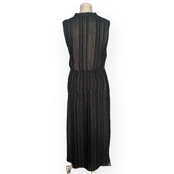 VINCE Draped Pinstripe A-Line Midi Black Dress Striped Coastal Preppy Minimalist - Picture 9 of 15